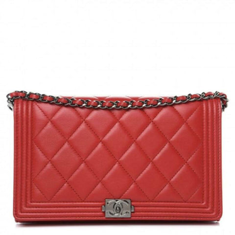 Chanel Boy Quilted Wallet On Removable Chain Woc Red Lambskin Leather