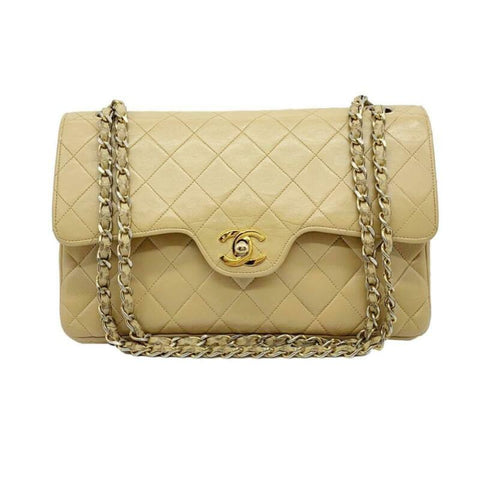Chanel Double Flap Medium Chain Beige Leather Shoulder Bag