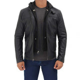 Jonathan Mens Black Cafe Racer Style Leather Jacket with Removable Hood